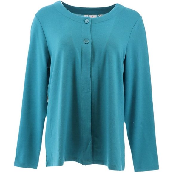 NWT DENIM & CO. ESSENTIALS HEAVENLY JERSEY CARDIGAN MEDIUM TEAL BLUE XXS - Picture 1 of 8